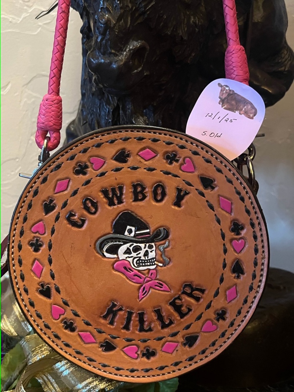 Mini Cowboy Killer Round Leather Crossbody - Pink Accents